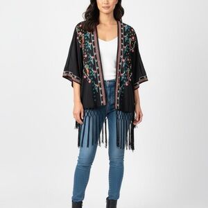 Foreign Exchange Black Kimono with Colorful Embroidery